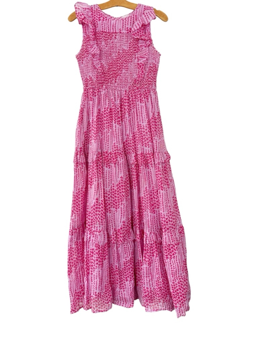 Banjanan • Smocked Ruffle Strap Maxi Dress Pink Floral Vine Stripe Cotton Tiered